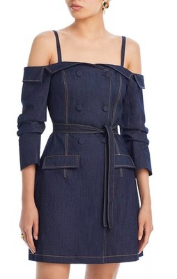 Cinq à Sept Malinda Off Shoulder Denim Dress Belted Double Breasted Pockets Sz 0