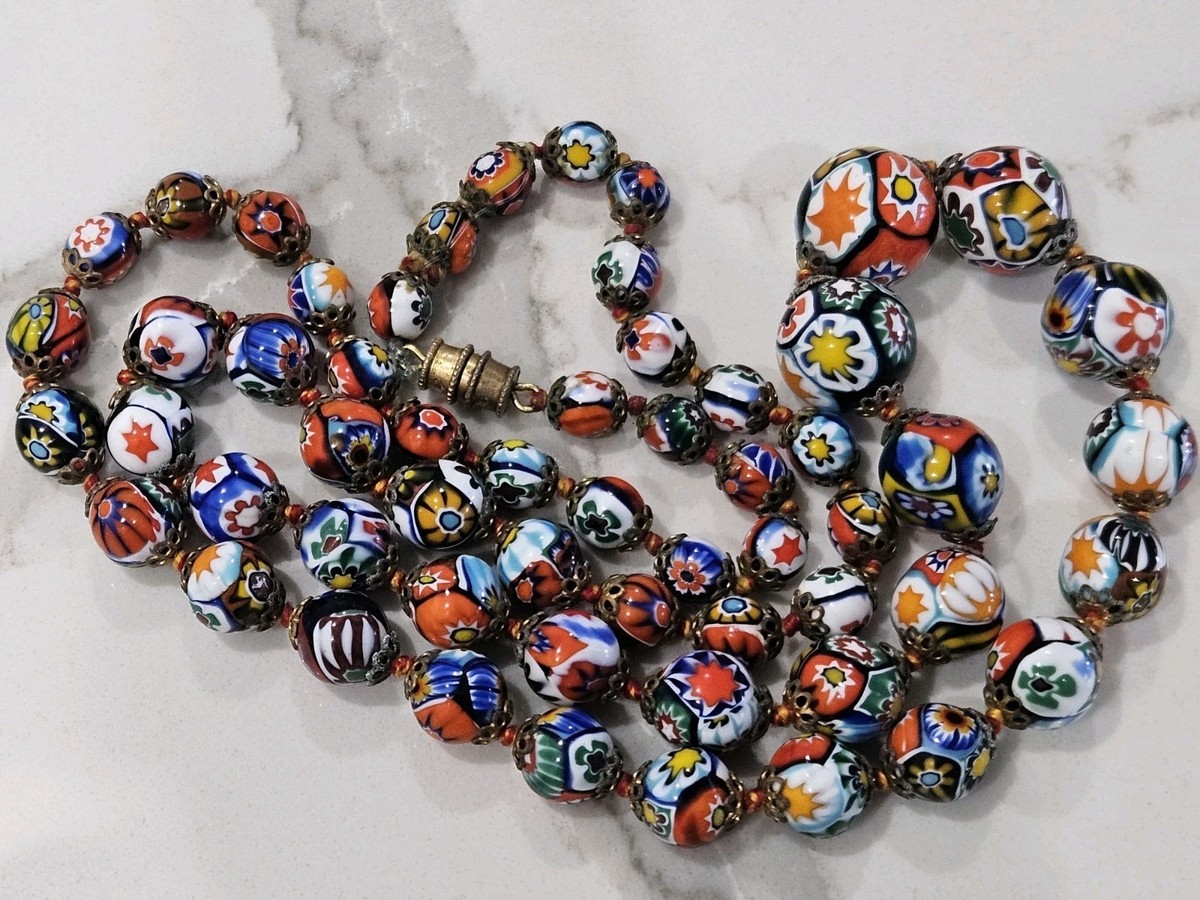 Vintage Venetian Murano Moretti Millefiori Mosaic Glass Beaded