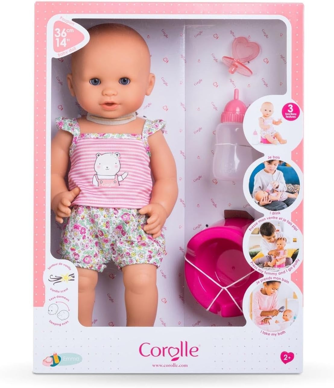 Corolle Drink and Wet Bath Baby Emma - 14&rdquo; Girl Baby Doll w/3 Access, New