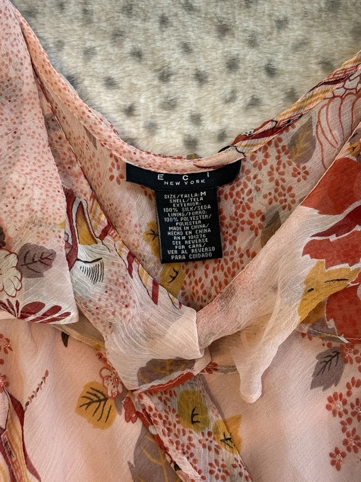 Top de seda floral rosa vintage talla M con cuentas Y2K transparente hadas cabaña volantes Foto 3 de 4