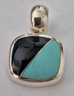Vintage Sterling Silver Black Onyx and Turquoise Pendant F P M, Mexico 15.1 g.