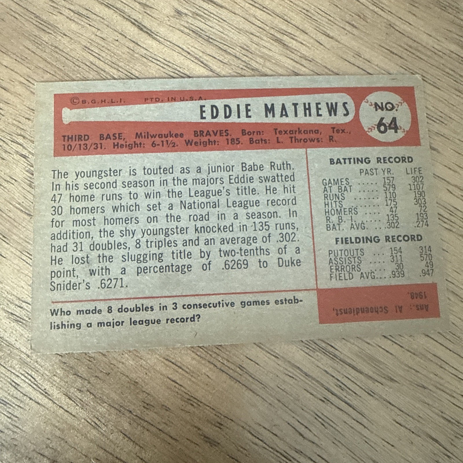 1954 Bowman Ed Mathews #64 Sharp Corners HOF | eBay