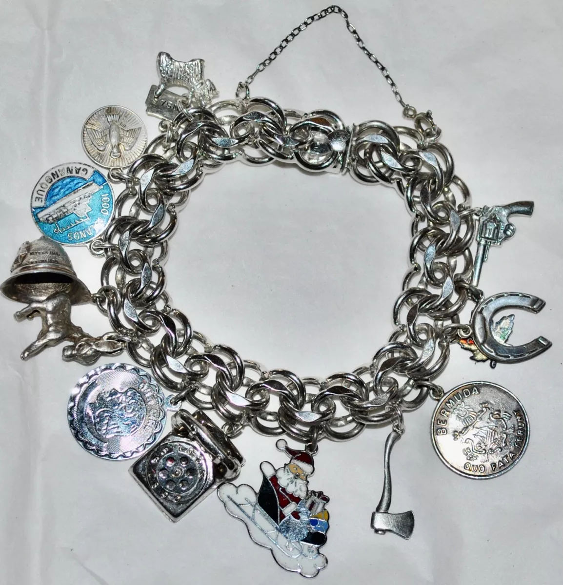 Vintage Elco Sterling Silver Double Link Charm Bracelet w/14 Charms 71.6  Grams