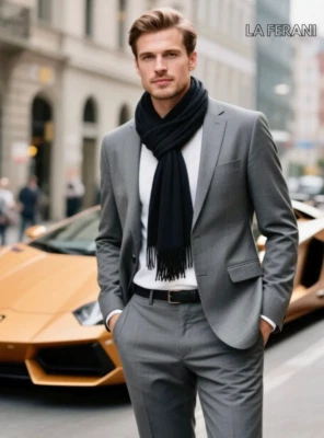 LA FERANI Herrenschal Sommer Kaschmir 180x75 extra dünn schwarz Schal stilvoll Halstuch