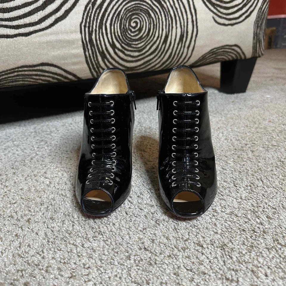 Christian Louboutin Black Patent Christ Lace Up Peep Toe Ankle Boots Womens 38.5 - Image 3 of 4