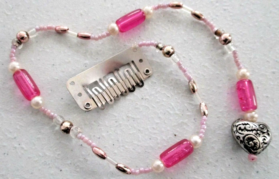 NOS 11.5" Perla Imitación ROSA Plástico CUENTAS Dandle Tono Plata CORAZÓN Metal CLIP PARA EL CABELLO Foto 3 de 4