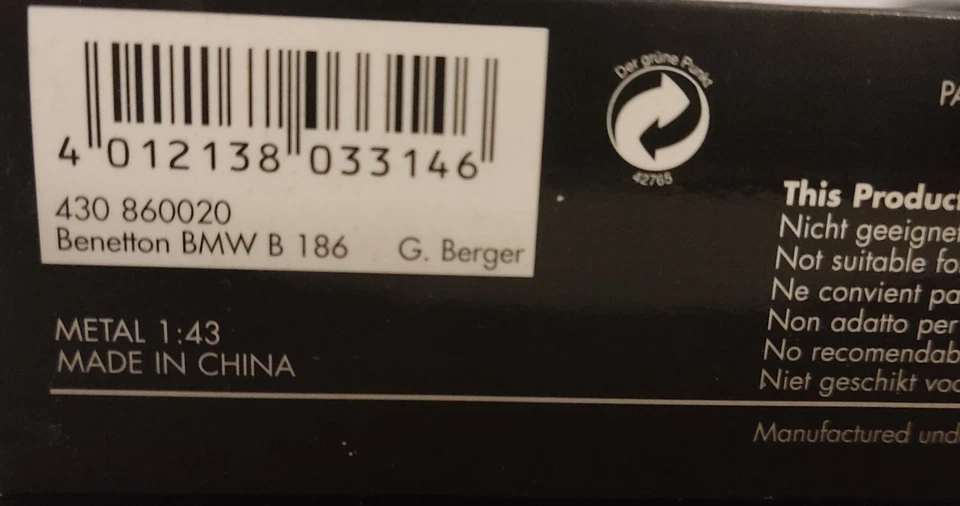 Minichamps 430860020 Benetton B186 1986 Gerard Berger 1/43 - Immagine 4 di 4