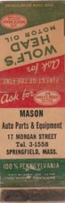 MATCHBOOK COVER - MASON AUTO PARTS - SPRINGFIELD MASSACHUSETTS - WOLF'S HEAD OIL