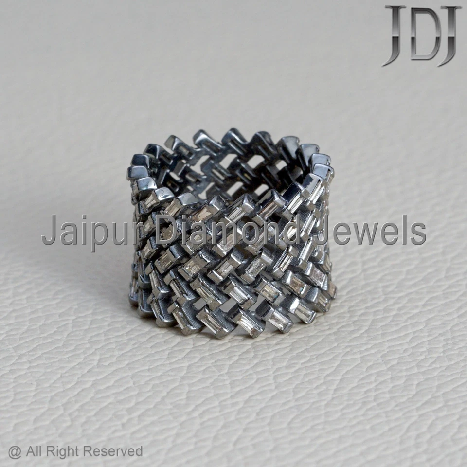 925 Silver Band Natural Baguette Diamond Ring Handmade Statement Jewelry Ring - Image 4 of 4