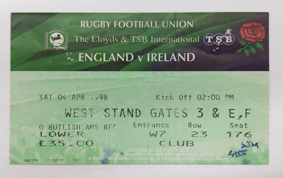 RARE England v Ireland Rugby Programme + Ticket JONNY WILKINSON DEBUT 04/04/1998 - Image 3 of 3