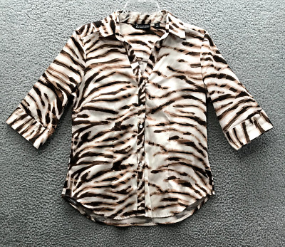 7th Avenue Women's 3/4 Sleeve Button Up Tiger Print Shirt Blouse Size S NWT