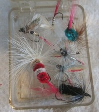 Fly Fishing Flies 7 Vintage Hand Made RED/WHITE/ BLUE / BLACK LURES