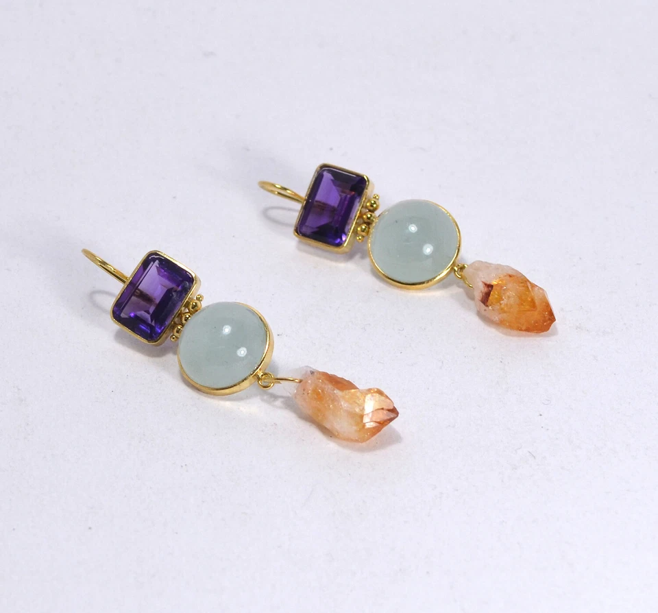 ORECCHINI  ARGENTO 925 DORATO  AMETISTA  ACQUAMARINA  CITRINO GEODI    AGHT 0569 - Immagine 2 di 3