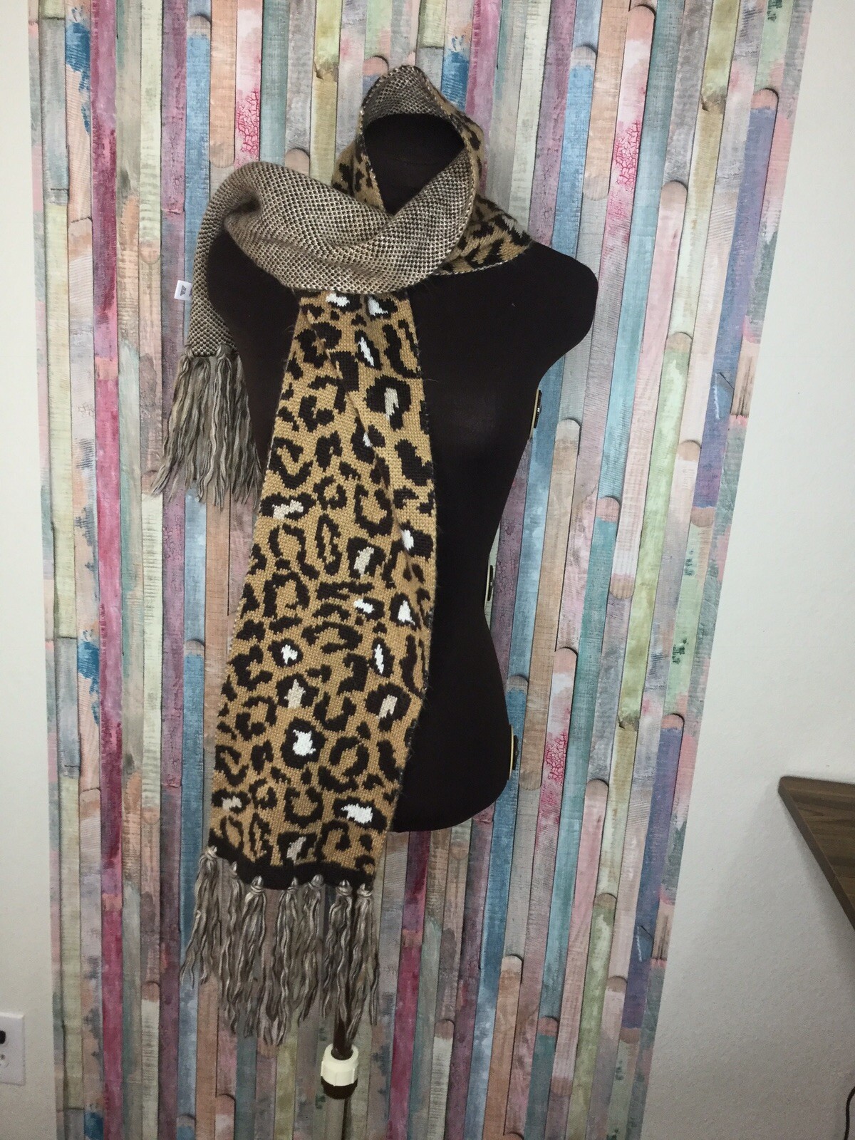 Brown and White Joe Boxer Knitted Winter Scarf with Animal Print Fringe – 62 x 8 Inch Cozy Accessory-image