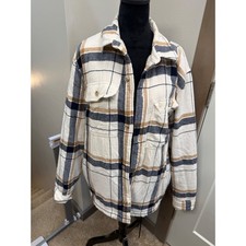 Old Navy Womens Plaid Sherpa Lined Flannel Shirt Jacket Shacket Cream Navy L