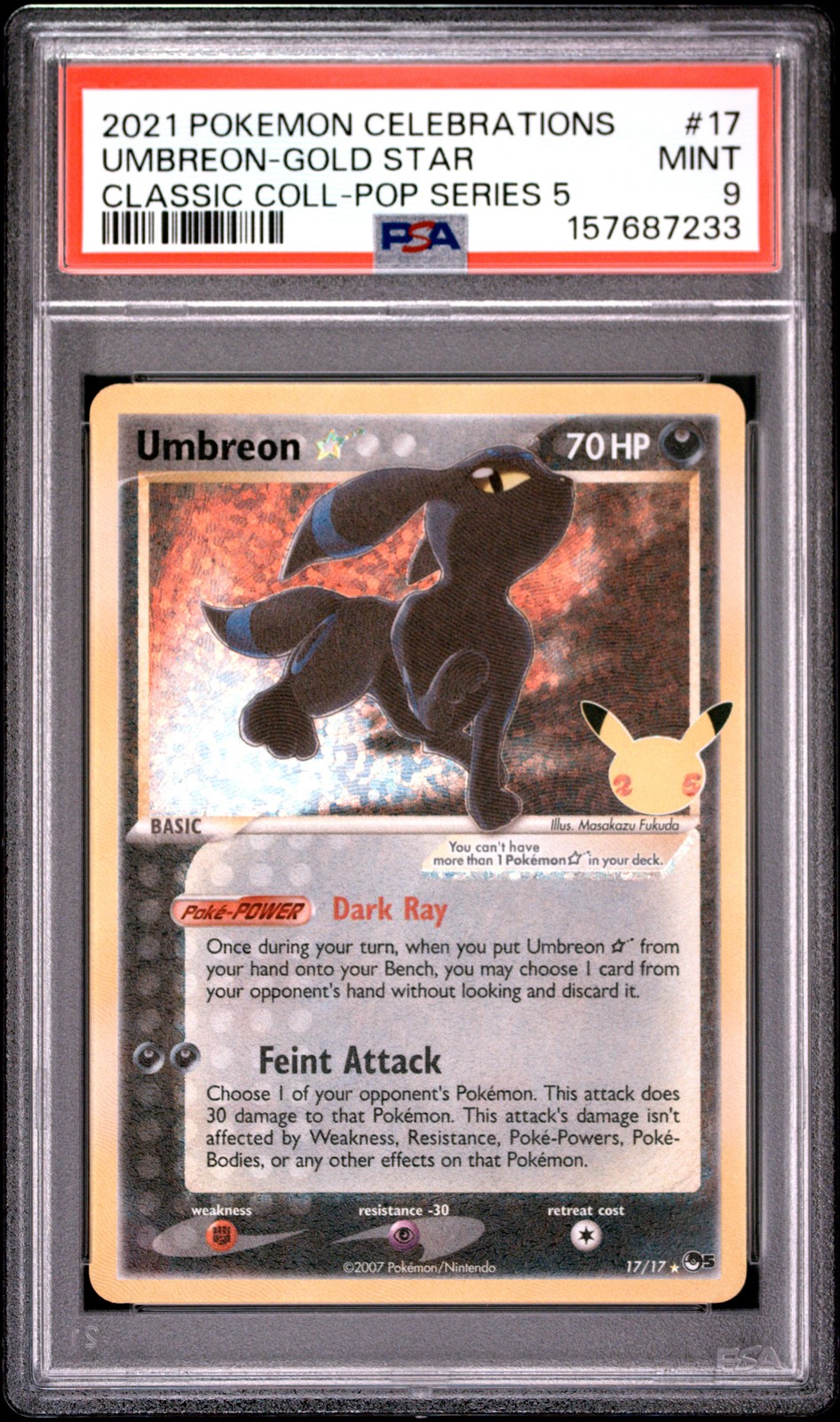 2021 POKEMON CELEBRATIONS CLASSIC COLLECTION #17 UMBREON-GOLD STAR PSA 9