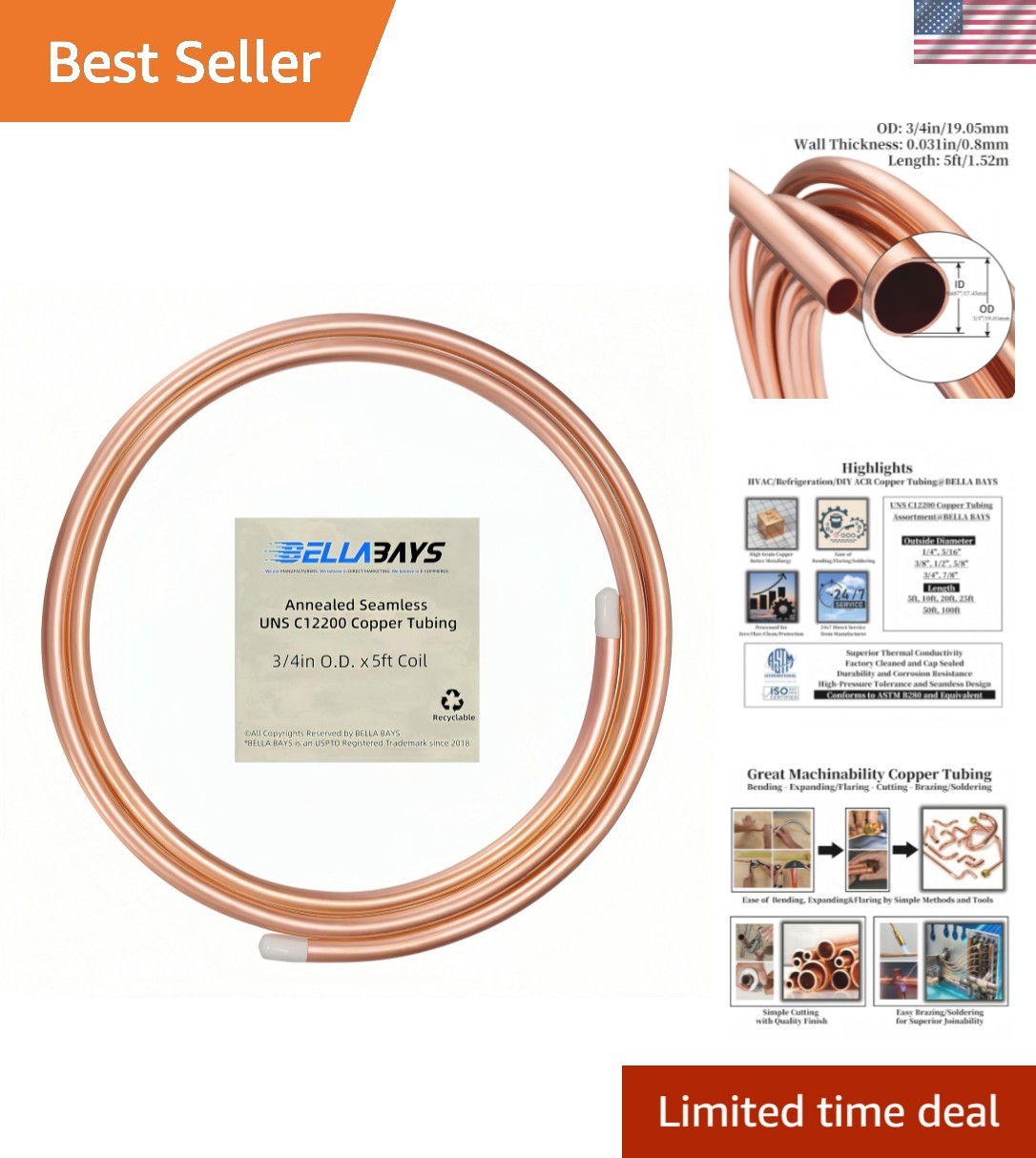 Copper Tubing 3/4" OD x 0.687" x 5 ft, 99.9% C12200 ASTM B280 Refrigeration A...