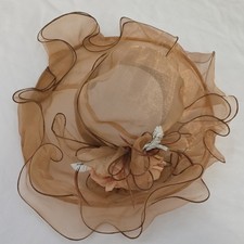 Beige Organza Fascinator Headpiece with Flower and Feather Accents for Women