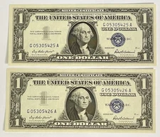 Two Consecutive 1957 $1 One Dollar Notes - Crisp, Flat and Uncirculated!