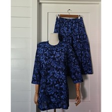 Vintage Anthony Richards 2 Piece Skirt Set Blue Floral Jacquard Size 12 USA