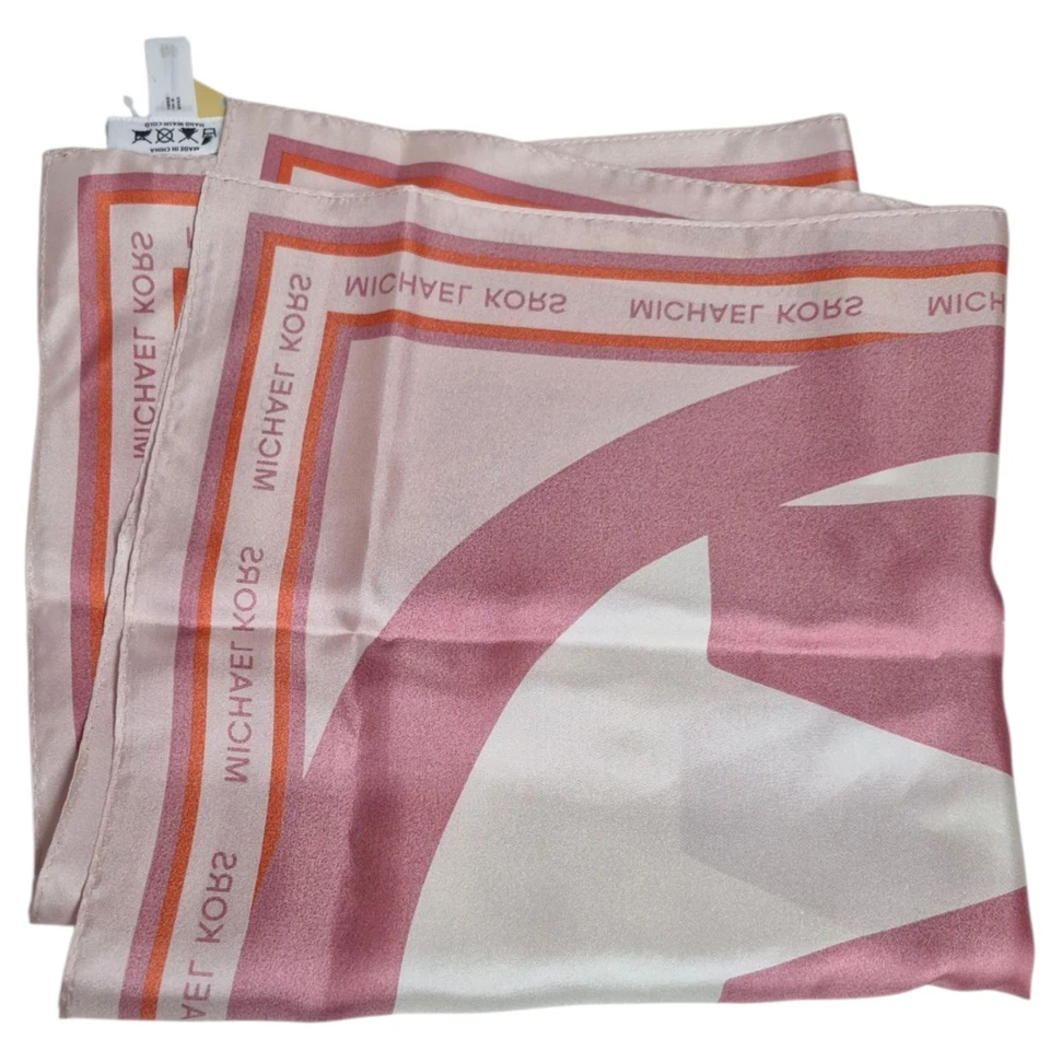 Michael Kors Color-Block Logo Dije Bandana de Seda Rosa Naranja Multi Cuadrado Nuevo Foto 3 de 4