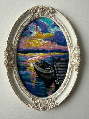 Boat Painting Sunset Original Art Seascape Wall Art Framed Art Abstract Artwork
