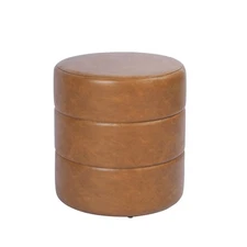 Upholstered Faux Leather Round Ottoman Home Décor|Foot Rest Ottoman- Carmel B...