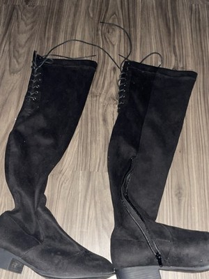 Black Suede Pull On Square Toe Wide Calf Long Boot Chunky Heel Ladies Fall Shoes