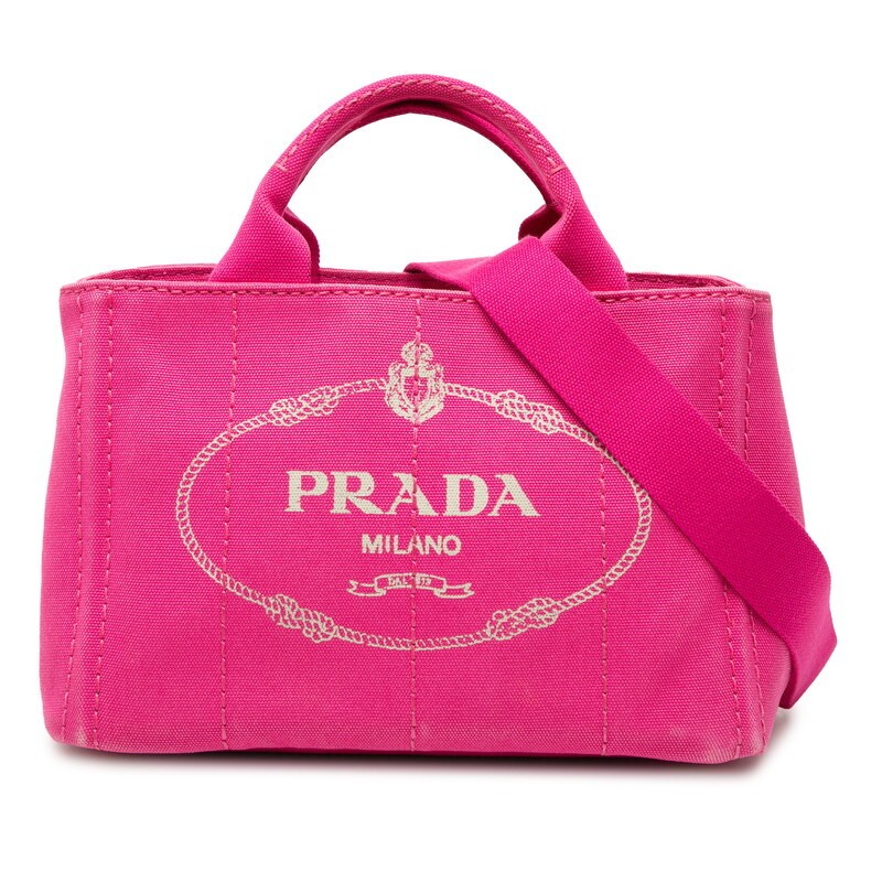 Prada Triangle Logo Plate Canapa Handbag Shoulder Bag 2WAY B2439G Pink Canvas La