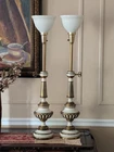 Pair Vintage Stiffel Torchiere Lamps Brass Milk Glass 39” tall