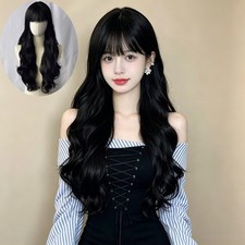 Women Natural Black Air Bangs Waist Length Long Fluffy Body Wave Wig Dating Wear