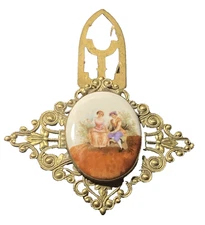 RARE Gold Tone Dress Scarf Clip filigree transferware Courting couple Antique