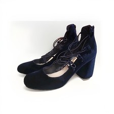 Woman’s Nine West Blue Velvet Shoes Block Heels Strappy Pumps Back Zipper Sz 7