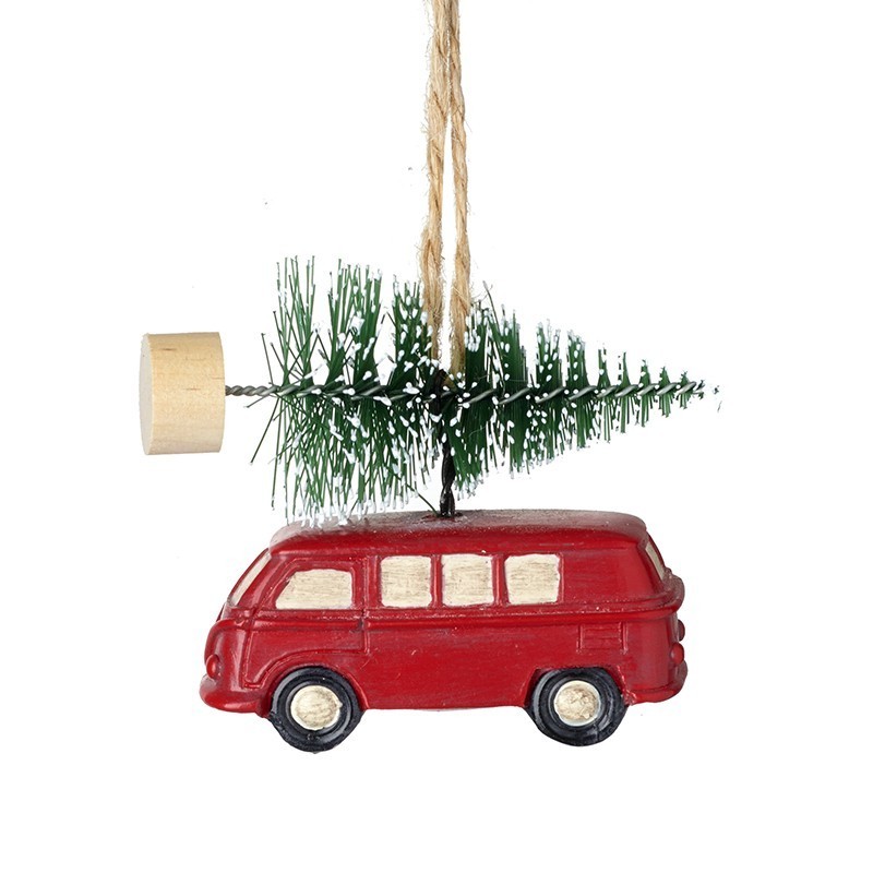 Camper Van With Tree Christmas Decoration with Rustic Hanging Twine Novelty