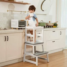 Kids Kitchen Step Stool Toddler Standing Tower Wooden 2-IN-1 Kids Step Stool