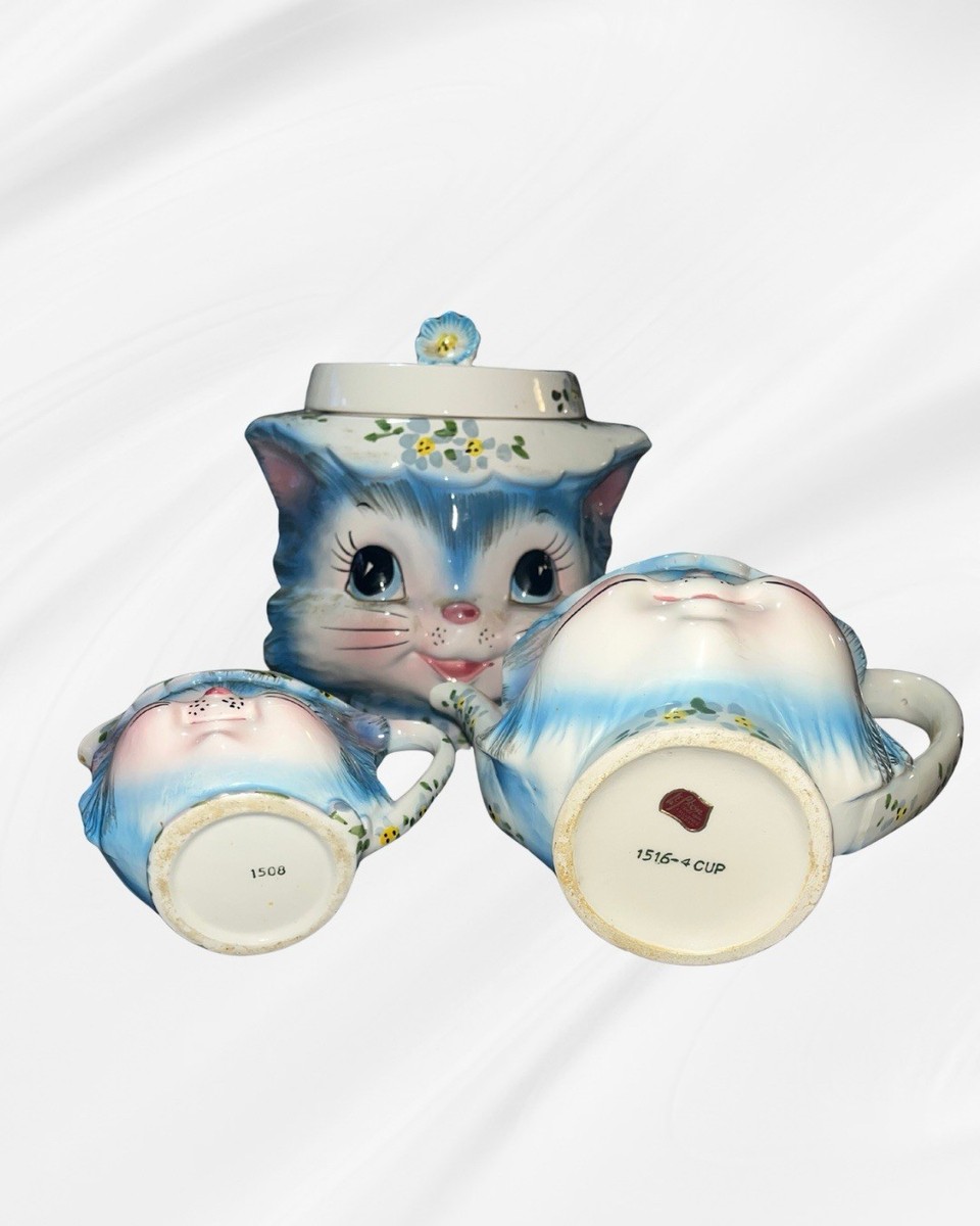 vintage cat teapot miss priss レトロ ヴィンテージ Vintage 50s Lefton Miss Priss Blue Kitty Cat Tea Pot & Sugar Bowl