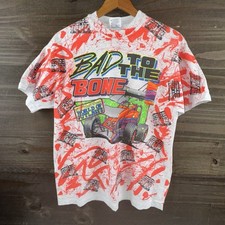 VTG 1992 World of Outlaws "Bad to the Bone" All Over Print T-Shirt-L Made In USA