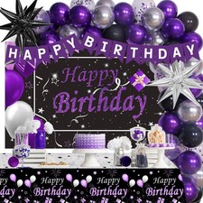 Black Purple Birthday Decorations for Women Girls, Happy Birthday Banner
