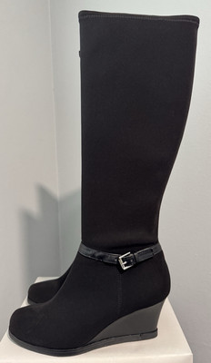 Ralph Lauren Tula Black Wedge Boots Womens Size 8.5B Black Stretch Fabric NEW