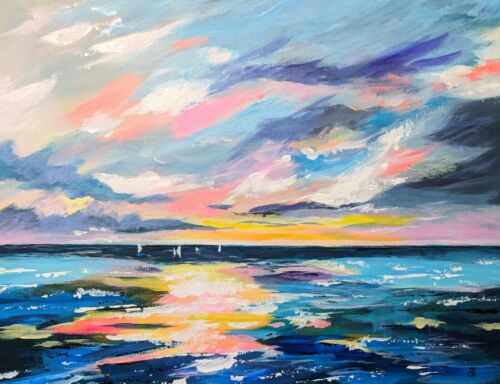 ✨ ORIGINAL PAINTING On Canvas. Coastal Landscape. Sailboats. Modern Wall Art.