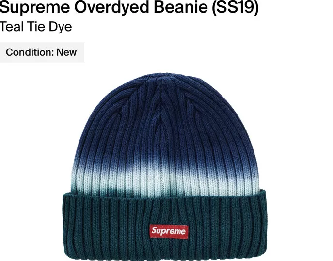 Bonnet sureme surteint ! SS19 ! Teal Tie Dye ! Neuf avec étiquette ! D/S ! Super rare !! 100% authentique !!