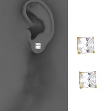 14k Yellow 7mm Princess Basket CZ Stud Earrings - Silcone Push Back