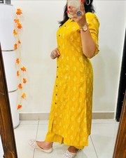 beautiful mustered hand block printed kurta with pant set readymade dresses