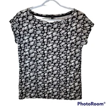 Talbots Petites Womens Black Gray Sz Mp Short Sleeve Rayon Spandex Abstract Top