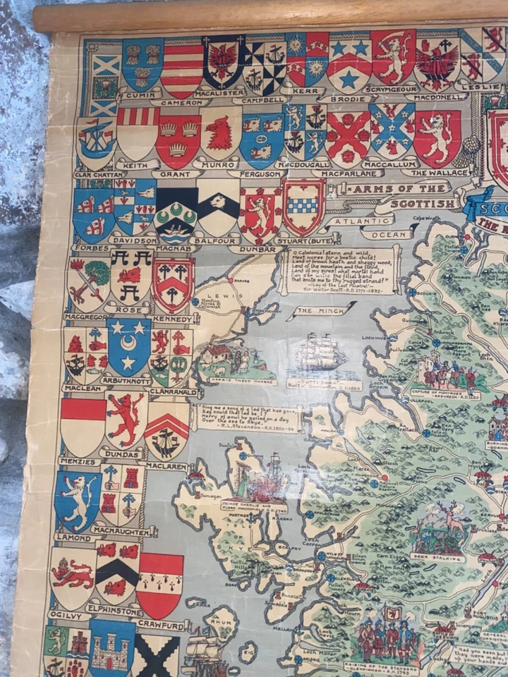 RARO Mapa Escolar Colgante Escocia De Colección Mediados de Siglo Escocés Clan Jefe Grande Foto 4 de 4