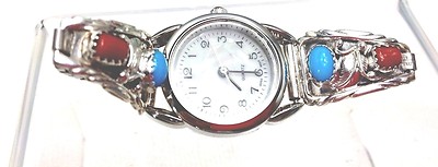 turquoise Watch tip Sterling Silver ladies coral watch with new battery RB w002