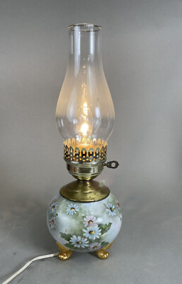 Vtg. Hurricane Lamp Signed D L Adams Painted Daisies