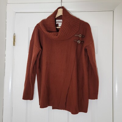 Ellen Tracy 100% Extrafine Merino Wool Leather Buckle Brown Cowlneck Cardigan  M