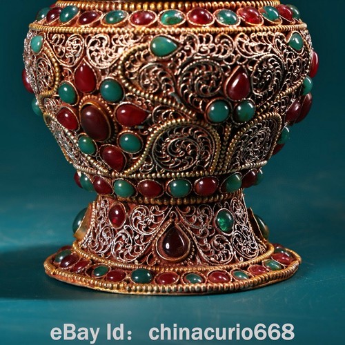 4.8" Old China Filigree Gems Flower Buddhist Relics Tank Jug Jar Pair - Picture 2 of 9