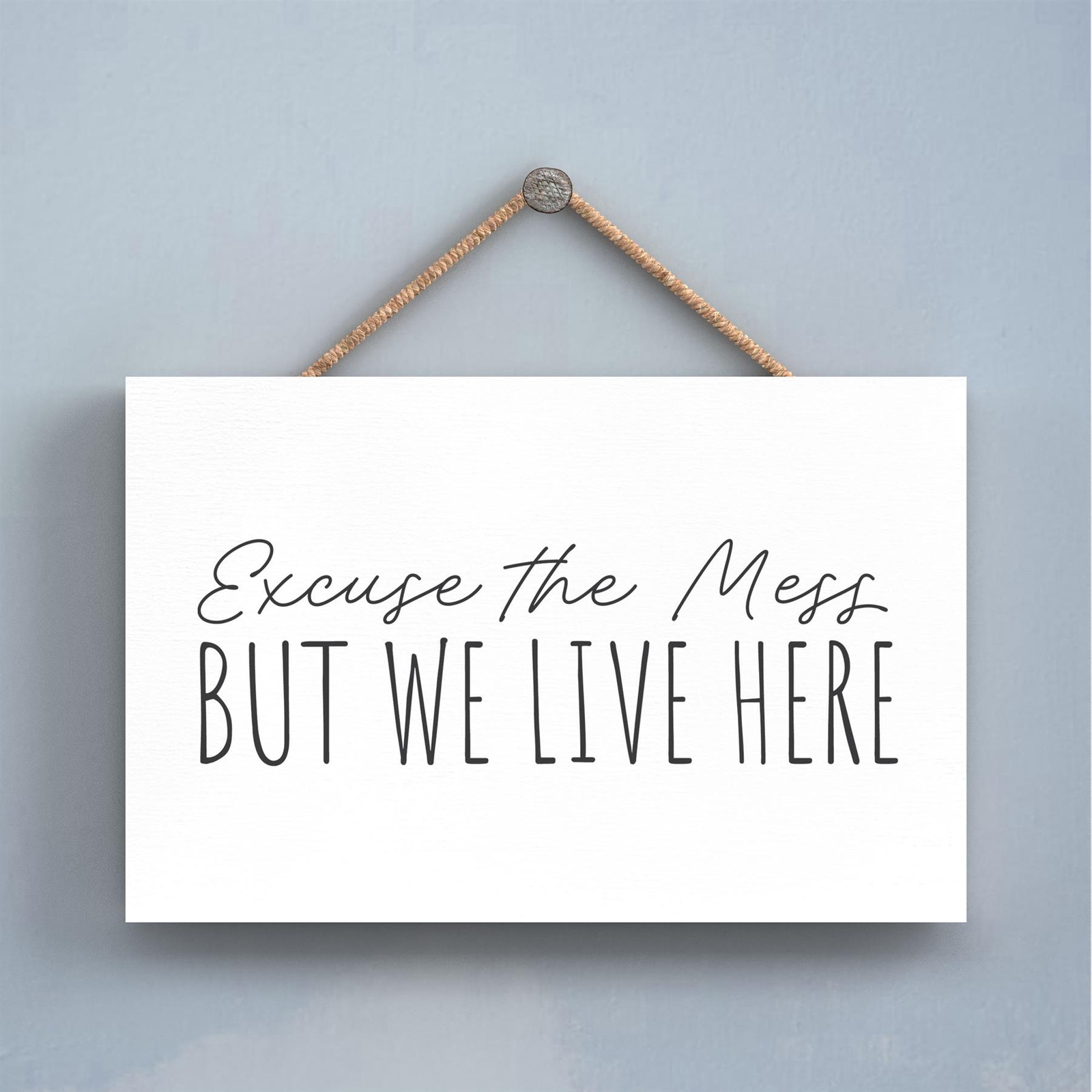Excuse The Mess We Live Here Humorous Typography Wooden Hanging Plaque